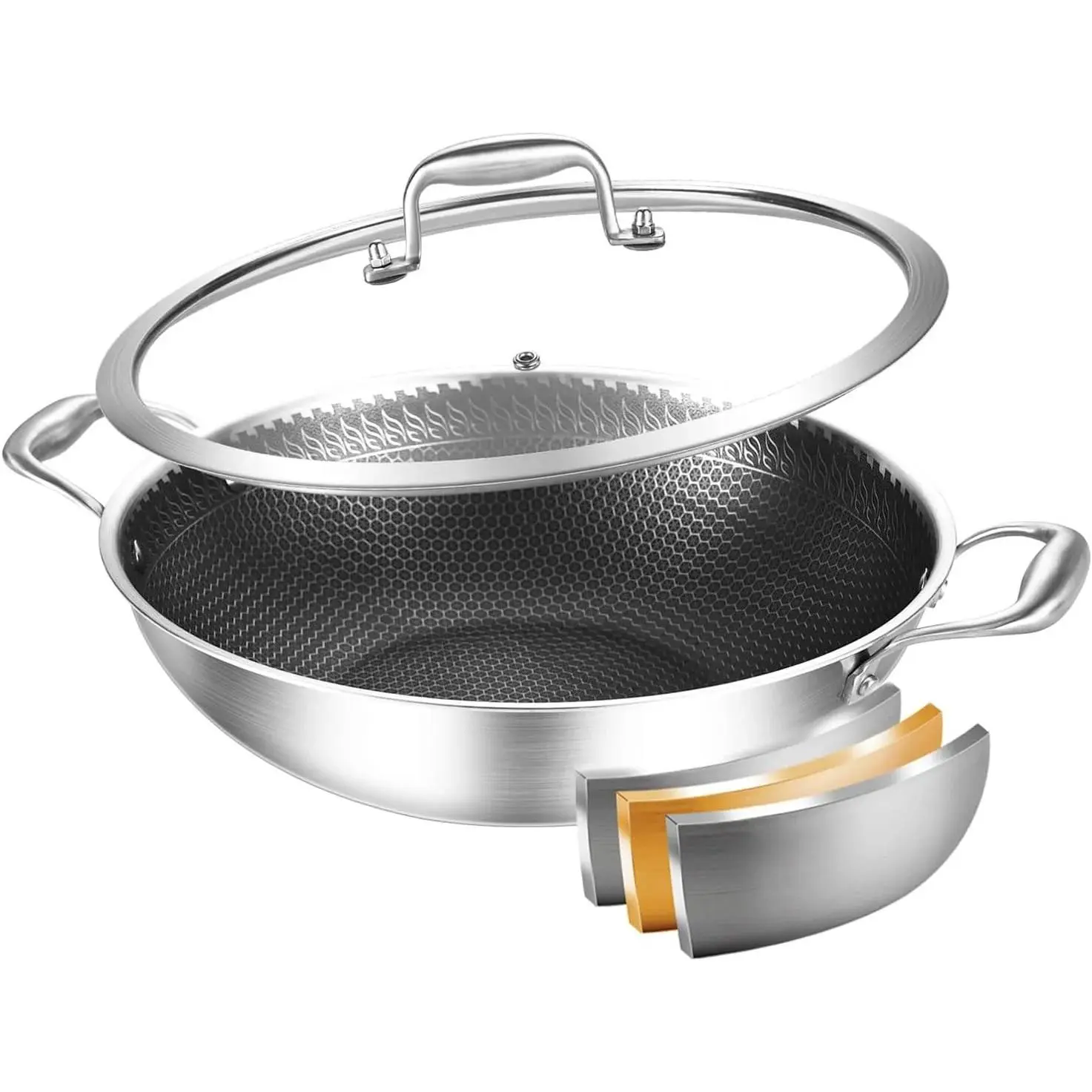 12-Inch Wok Pan With Lid, Tri-Ply Stainless Steel, Non-Stick, Oven Safe Up to 600F, 5QT Capacity, Induction Compatible Saute Pan Dishwasher Safe