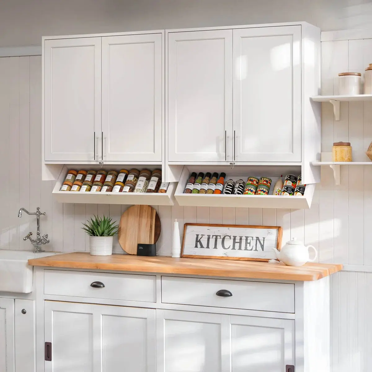 Wall Mounted Storage Cabinet with Tilt-Out Drawers,  White Shaker Cabinet with Adjustable Shelves for Kitchen Spice & Laundry Room