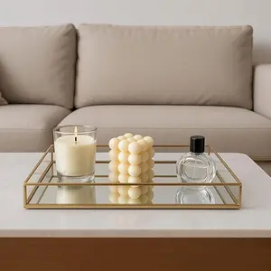 1pc Golden Glass Perfume Tray Mirror Vanity Jewelry Ring Earring Storage Display Decorative Tray Suitable for Dresser Drawer Office Desktop Organizer, Countertop Organizer, Cosmetic Display Coffee Table Tray for Home Decoration