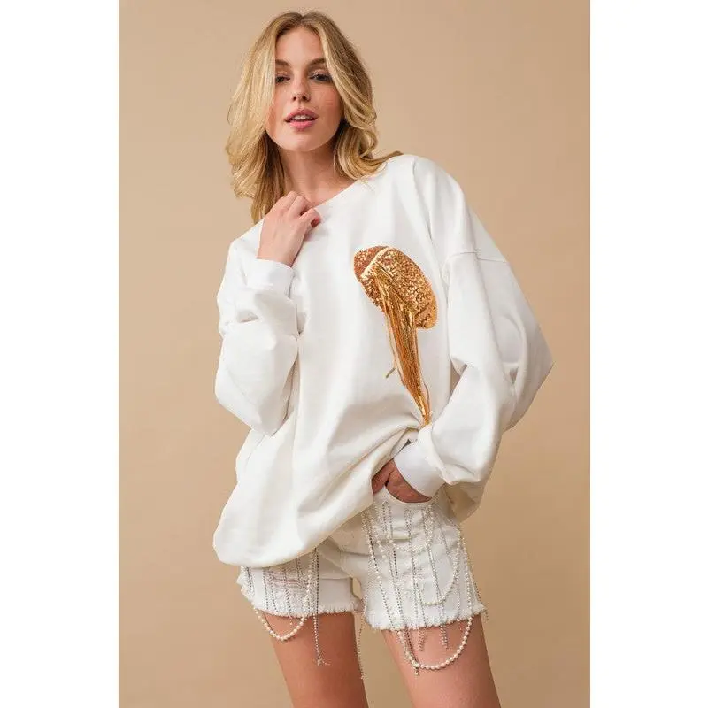 Fleece Terry Football Sequin Patch Sweatshirt