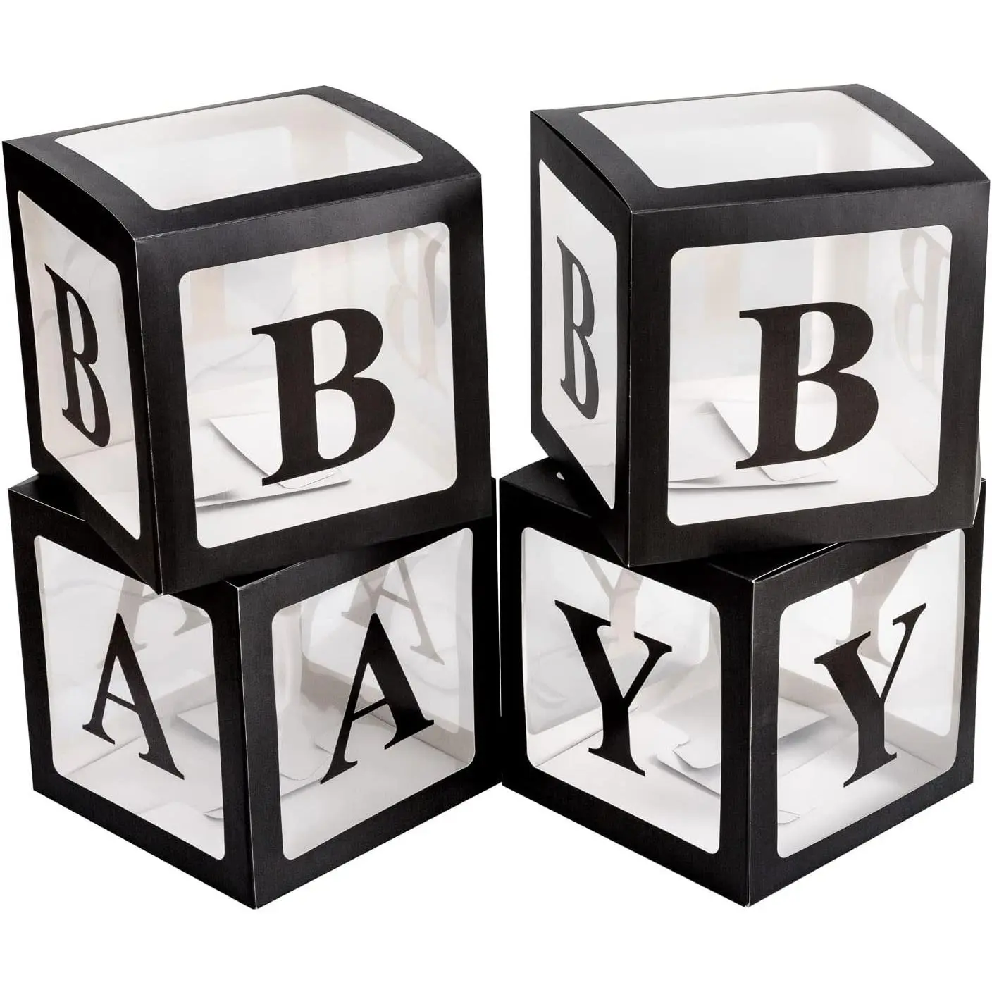 4 count Transparent  Boxes,Clear Balloon Boxes Backdrop with 16 Letters,Transparent  Shower Blocks for Boys and Girls 1st Birthday Party,  Party Decorations (Black)