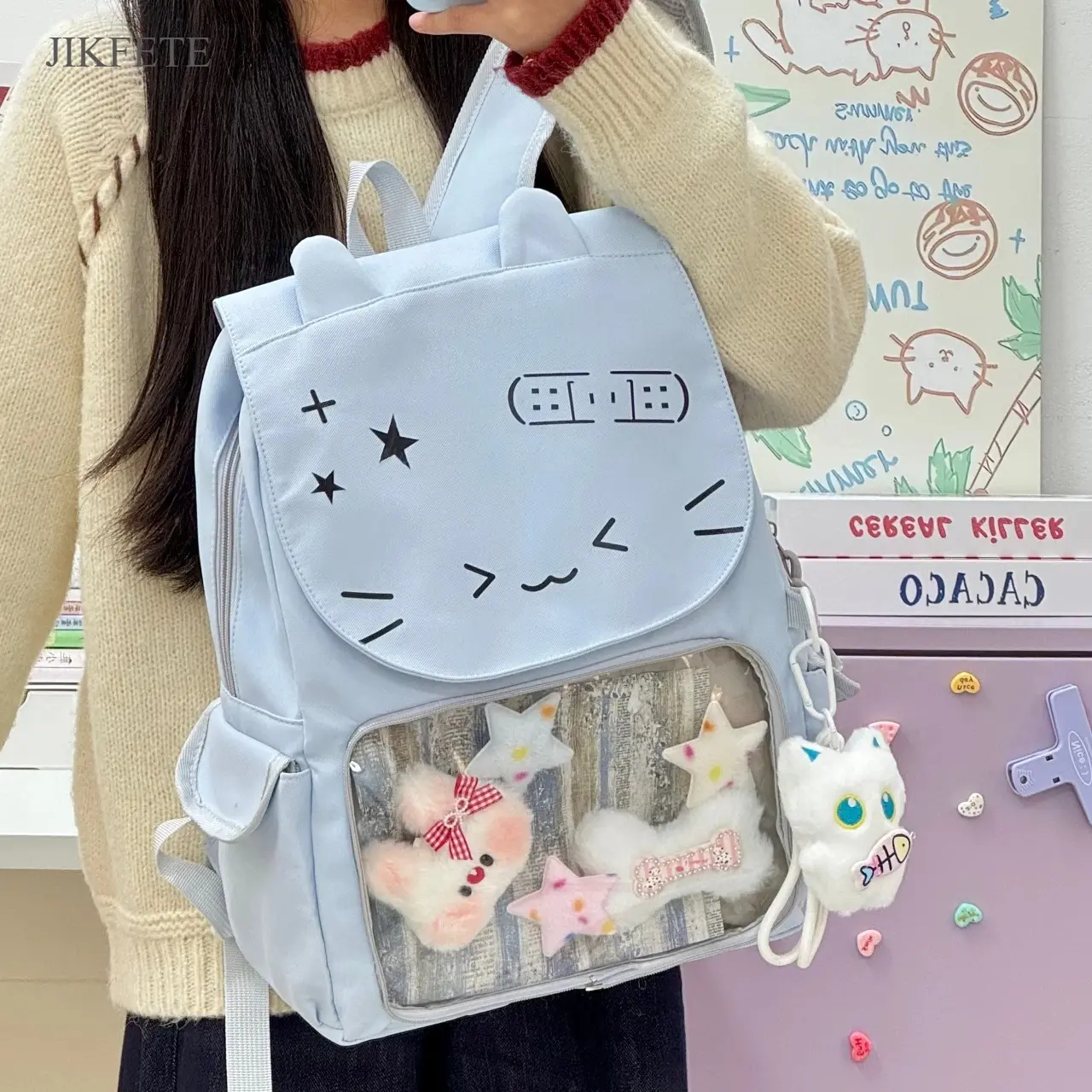 Kawaii Cat Ita Backpack Japanese Style Cartoon School Bag Large Capacity Clear Display Pocket Casual Daypack for Girls Students