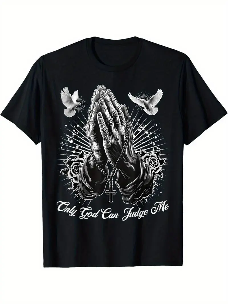 Men's Short-Sleeve Graphic T-Shirt, Casual Streetwear Top with "Only God Can Judge Me" Print, Prayer Hands, Chicano Tattoo and Doves, All-Seasons Menswear, Shortsleeve