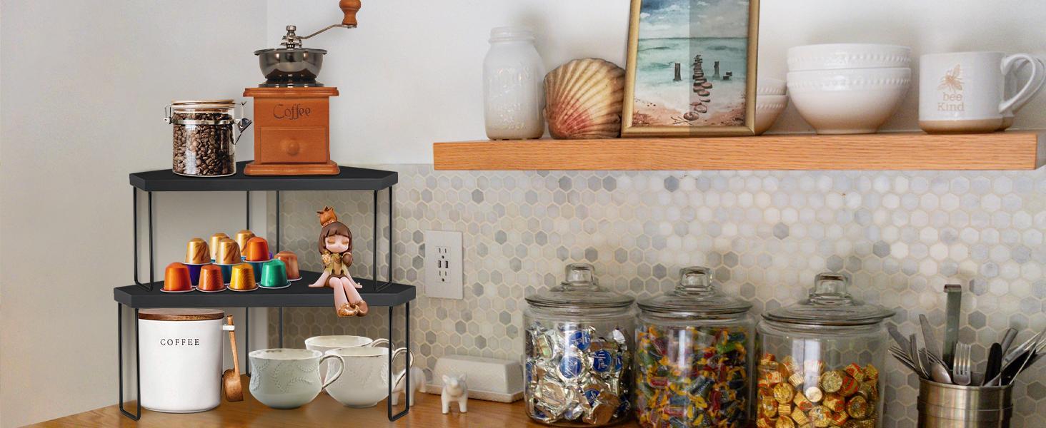 Ameuphercy Kitchen Countertop Organizer Corner Shelf, Wood Stackable Corner Tray Riser, Display Riser for Counter, Cabinet Corner Shelves Spice Rack Organizer