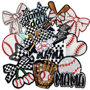 CY 13Pcs Baseball MAMA Iron On Patches Set Embroidered Bow Star Lightning Applique for Trucker Hats Clothes Jackets Backpacks
