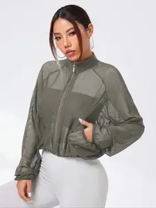 Women's High Neck Quick-Dry Mesh Sports Yoga Jacket, Transparent Sexy Athletic Outerwear with Pockets, Casual Sporty Long Sleeve Loose Fit, Yoga Jacket Top Activewear, Workout Yoga Jacket