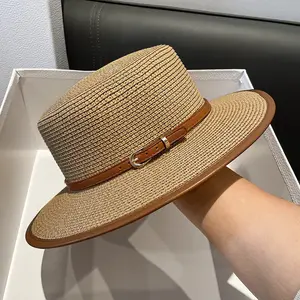 Women's British-Inspired Straw Sun Hat - Natural Straw, Wide Brim, UV Protection, Decorative Brown Belt for Summer Beach Outings