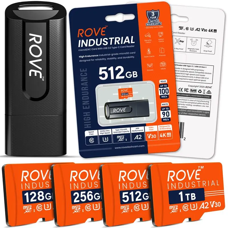 ROVE Industrial 128GB/256GB/512GB/1TB Micro SD Card with USB 3.0 Type C Card Reader, High Endurance microSDXC Memory Card 100MB/s Read Speed, C10, U3, V30, 4K, A2 for Dash Cam, Android Smartphones, Tablets, Games