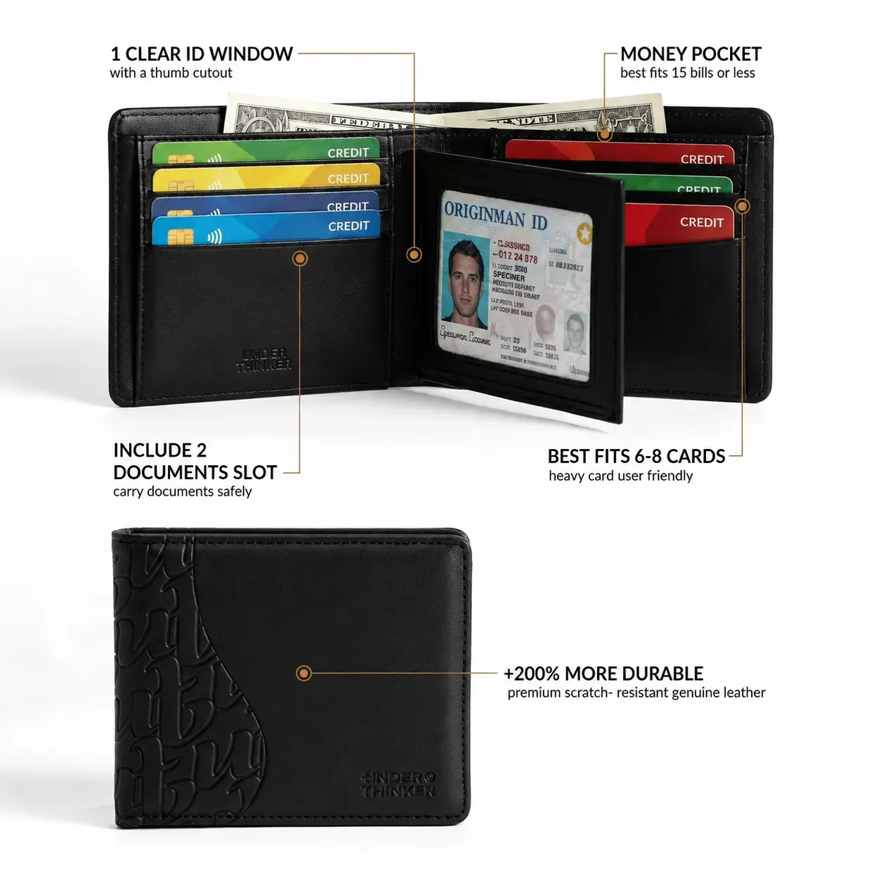 UNDER THINKER Enzo Slim Wallet for Men, RFID PU Leather Bifold Wallet with 9 Card Slots, 2 Hidden Slots, Clear ID Window, Gift for Dad SP 0831 02