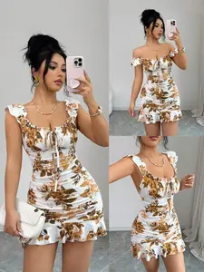 Women's Summer Knit Floral Boho Mini Dress, Feminine Sleeveless Belted Design, Fashionable Hollow Out Bowknot Front, Elegant French Ruffle Hem