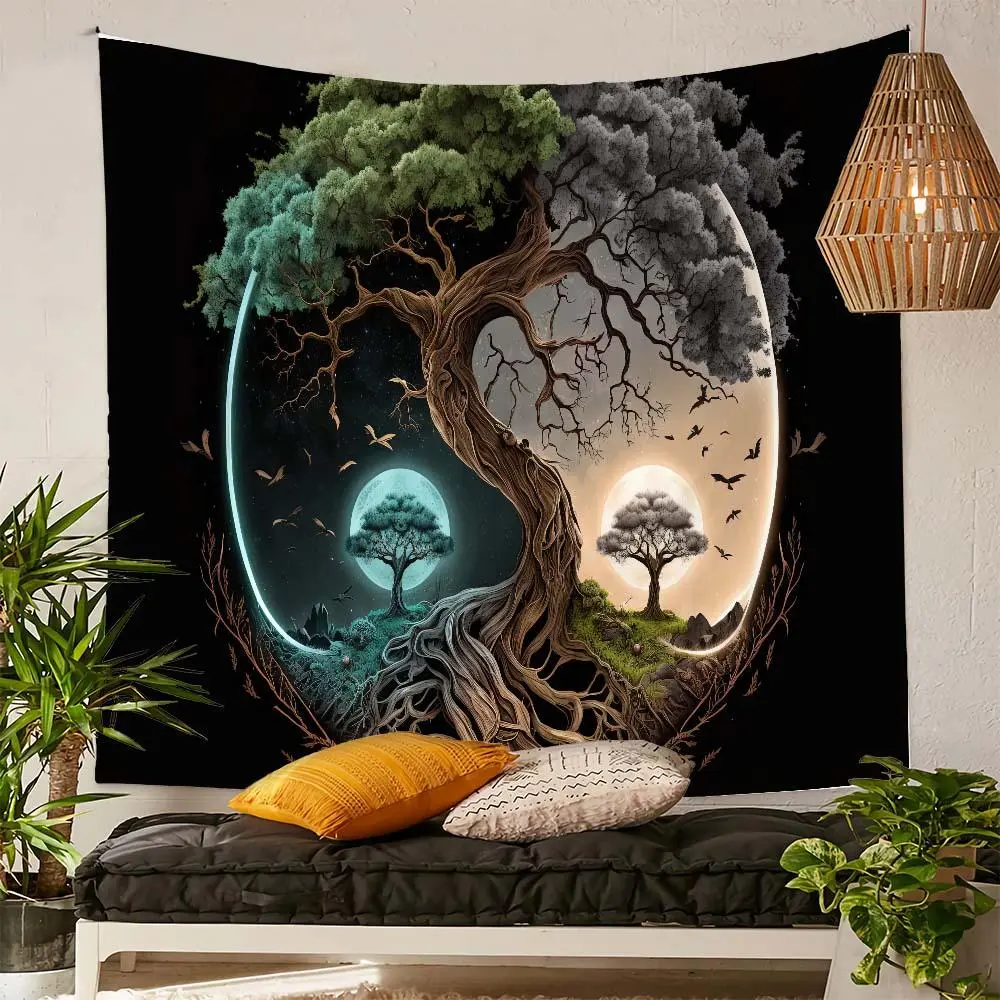 Brushed Fabric Tree Pattern Print Tapestry, Modern Art Decorative Drape, Hanging Wall Art for Living Room, Bedroom Home Decor Accessories