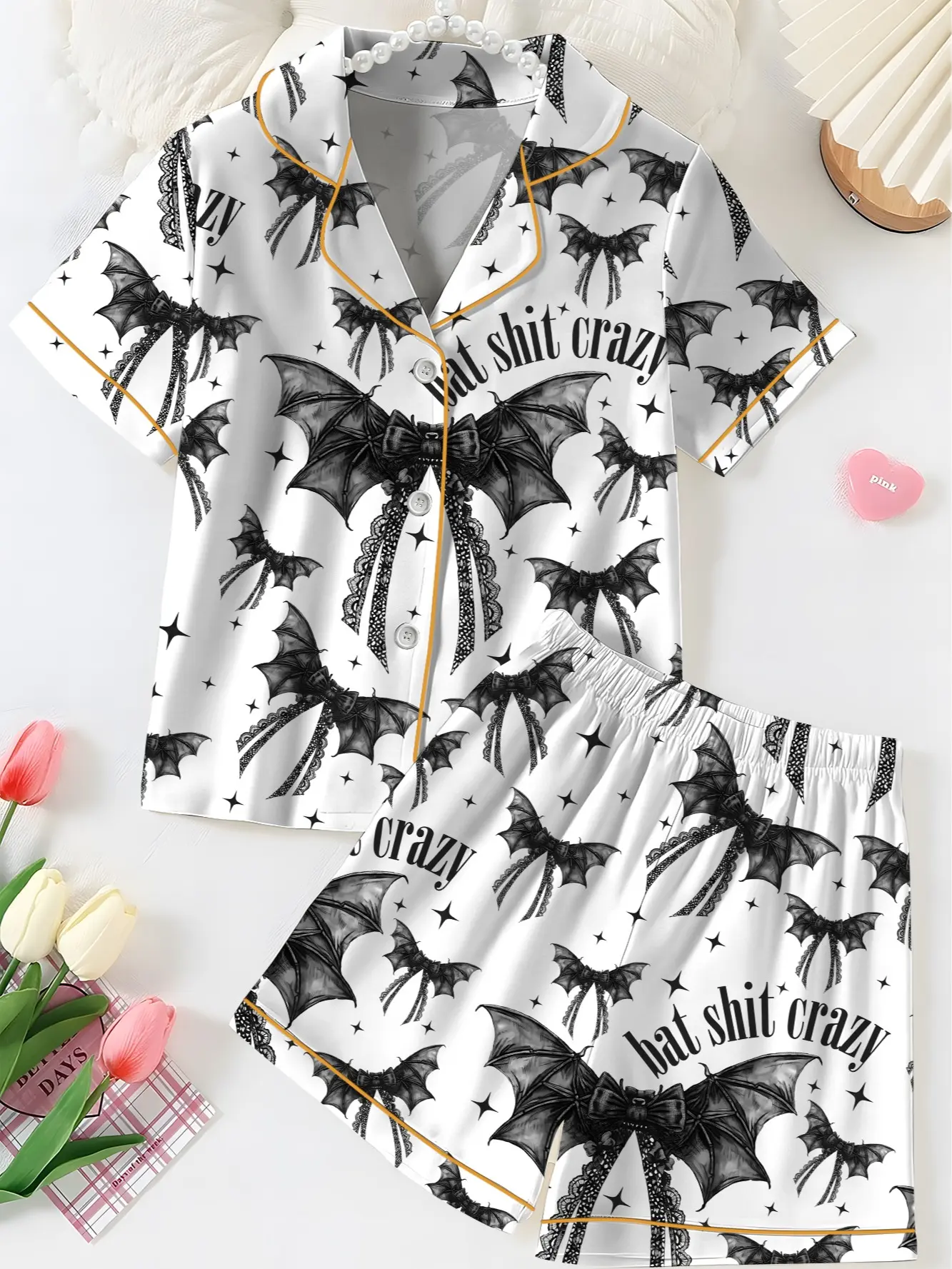 Bat Shit Crazy Gothic Coquette Bow Satin Pajama Set Adults, Halloween Print Pajamas Bat Gothic Coquette, Homewear Bow Black Gifts Women