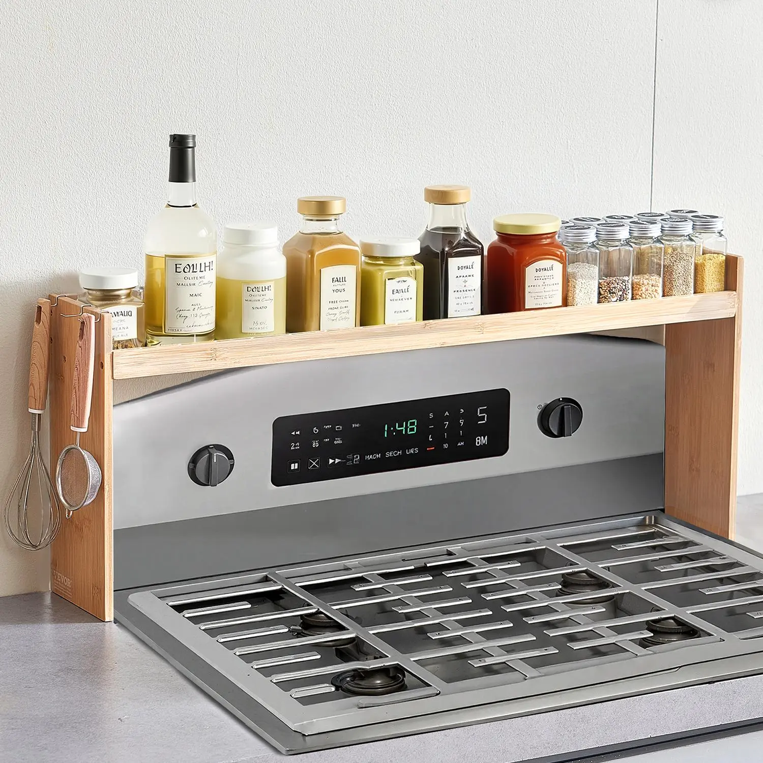 【summerfinds】VEVOR Over the Stove Shelf, Over Stove Spice Shelf for Kitchen Stove Top, Seasoning Shelves, Spice Organizer, Easy to Assemble Countertop Storage Solution, Kitchen Gadgets with 6 Hooks