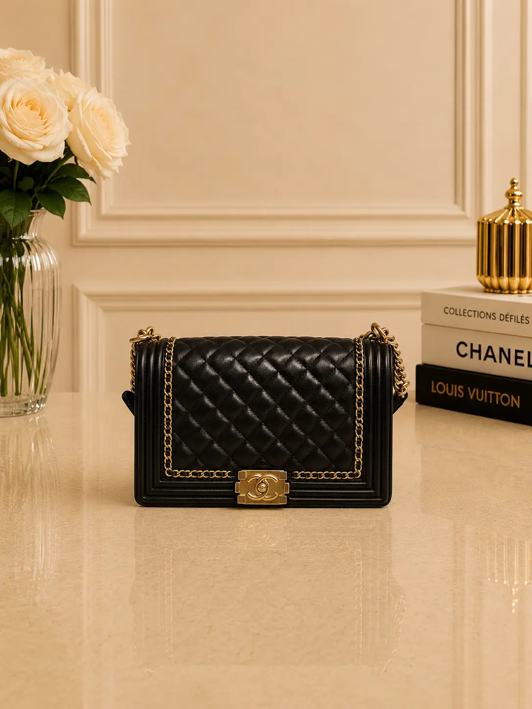 Pre-owned CHANEL Calfskin circumvented tab shape Black Quilted Leather Handbag with Gold Chain Strap and Logo Buckle