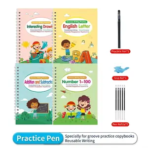 NoLuck Magic Practice Copybook, Reusable Writing Practice Book, Grooved Handwriting Workbooks, Large (4 Books with Pens)