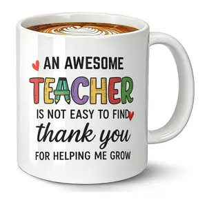1pcs,Thank You Teacher Mug - For Helping Me Grow, An Awesome Teacher Is Not Easy to Find, 11oz Ceramic Coffee Tea Cup, Christmas Birthday Gift for Teacher from Student, Funny Present