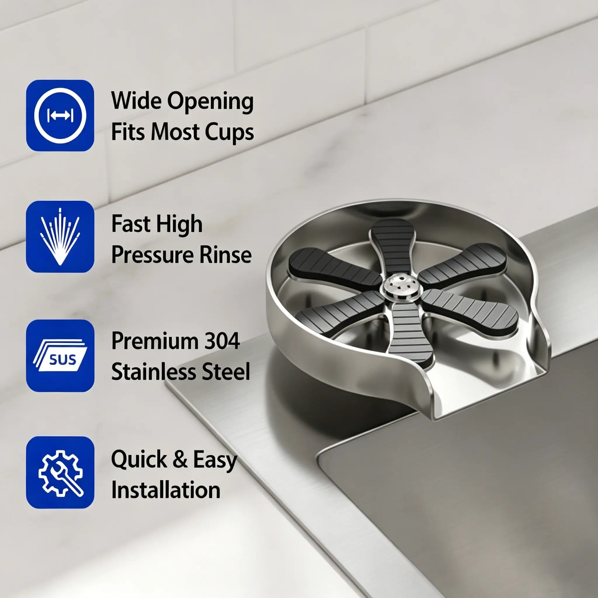 Kichae Glass Rinser Automatic Cup Washer, Premium 304 Stainless Steel High-Pressure Cup Rinser | Fast, 1-Second Rinse, Fits Most Cups, Quick Install Kitchen Sink Gadget for Home & Bar Use