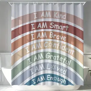 Positive Affirmation Rainbow Shower Curtain, I Am Kind Smart Brave Enough White, Blackout Shower Curtain, 100% Thick Polyester, Multiple Sizes With Hooks, Machine Washable Opaque Waterproof, All Season, Smooth Texture, Home Decoration