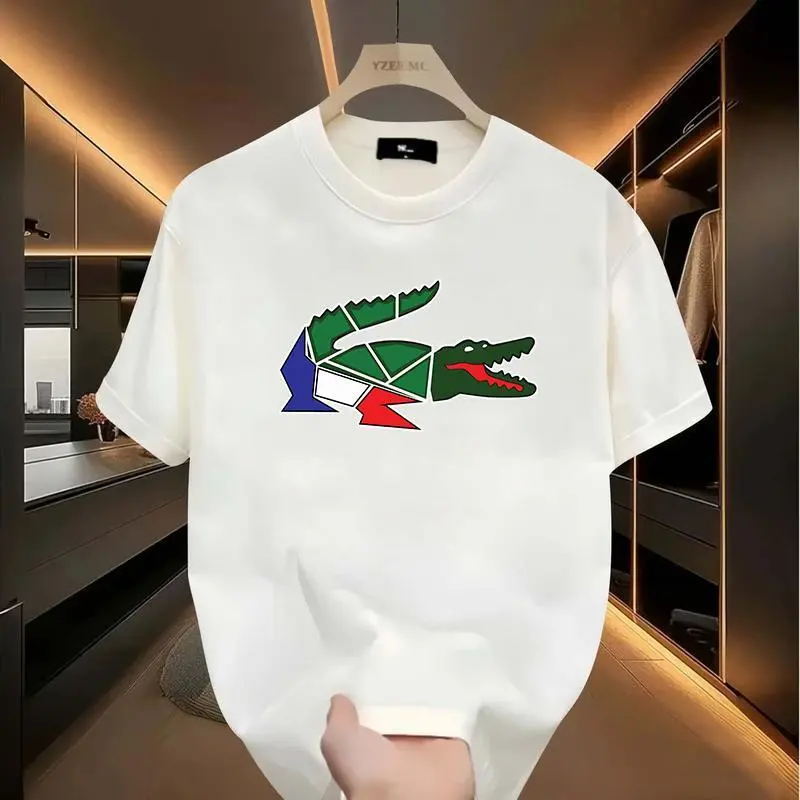 Fashion TrendsIrregular Graphic Crocodile T-shirt, Cartoon Crocodile Design, Unisex, Men's Short Sleeve Round Neck Street Style T-shirt for Summer and Spring, Casual, Clothing, Couple Style, Fashionable Loose, Youthful and En,Neck Raglan Compre,s,t,floral