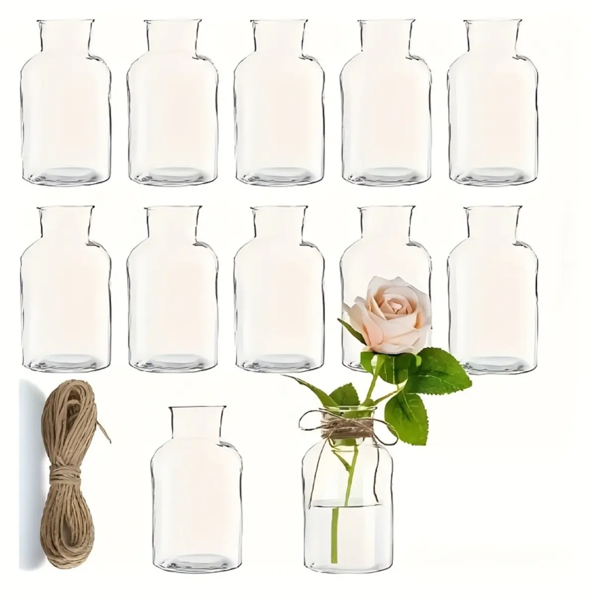 12-piece vase set with 196.85-inch brown rope - transparent, desktop decoration, suitable for weddings, home and parties, home decor vases, ambiance settings Glass Embossed