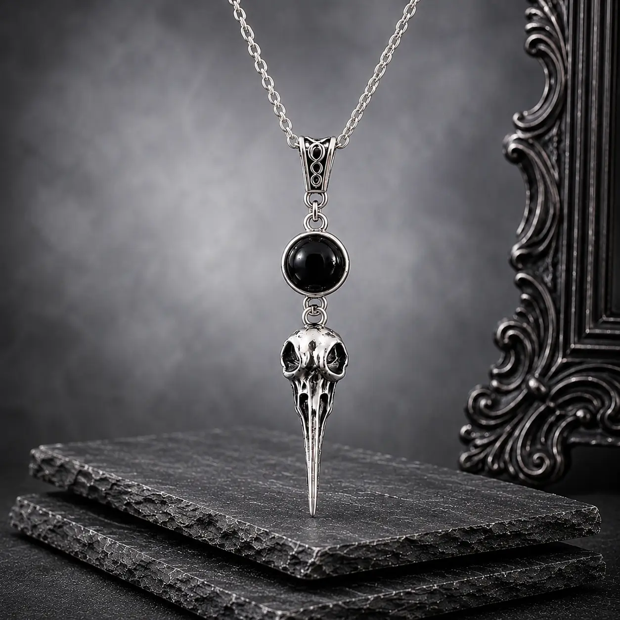 Vintage Gothic Raven Skull Motif Necklace - Black Onyx Pendant Chain, Unisex Punk Dark Fantasy Jewelry, Halloween Gift for Men-Women