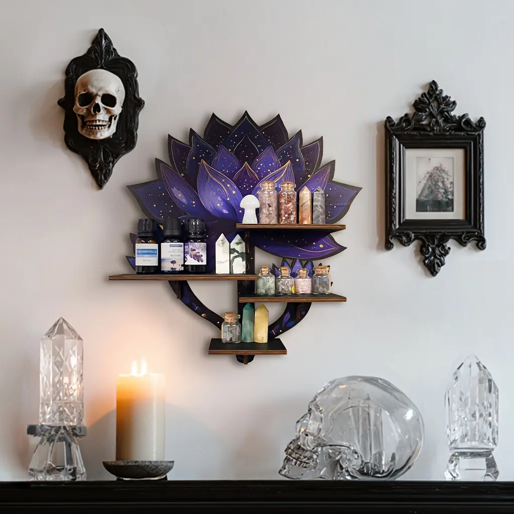 FNYDOX Decorative Solid Wood Wall-Mount 4-layer Crystal Zen Layered Shelf with Purple Lotus Design - Hanging Floating Shelves for Crystals, Rock Gems - Elegant Bedroom Spiritual Decor Organiser Gift