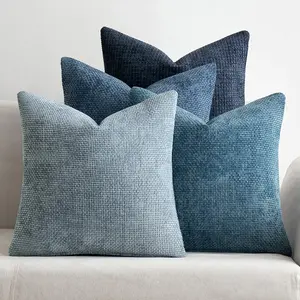 Pack of 4 Couch Throw Pillow Covers 18x18 Inch Neutral Blue Soft Decorative Chenille Pillow Covers Farmhouse Accent Cushion Covers for Boho Western Spring Coastal Decor Sofa Bed Living RoomGift