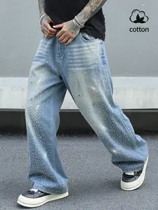 Men's Rhinestone Embellished Denim Jeans Pants, High-Waisted Fitted Design, Letter Stitching & Water Drill Details, Casual All-Season Wear, Diamond Jeans