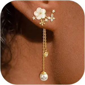 Trendy 14K Gold Dangle CZ Pearl Earrings Sterling Silver Long Threader Chain Flower Wedding Earrings For Brides Sparkly Jewelry