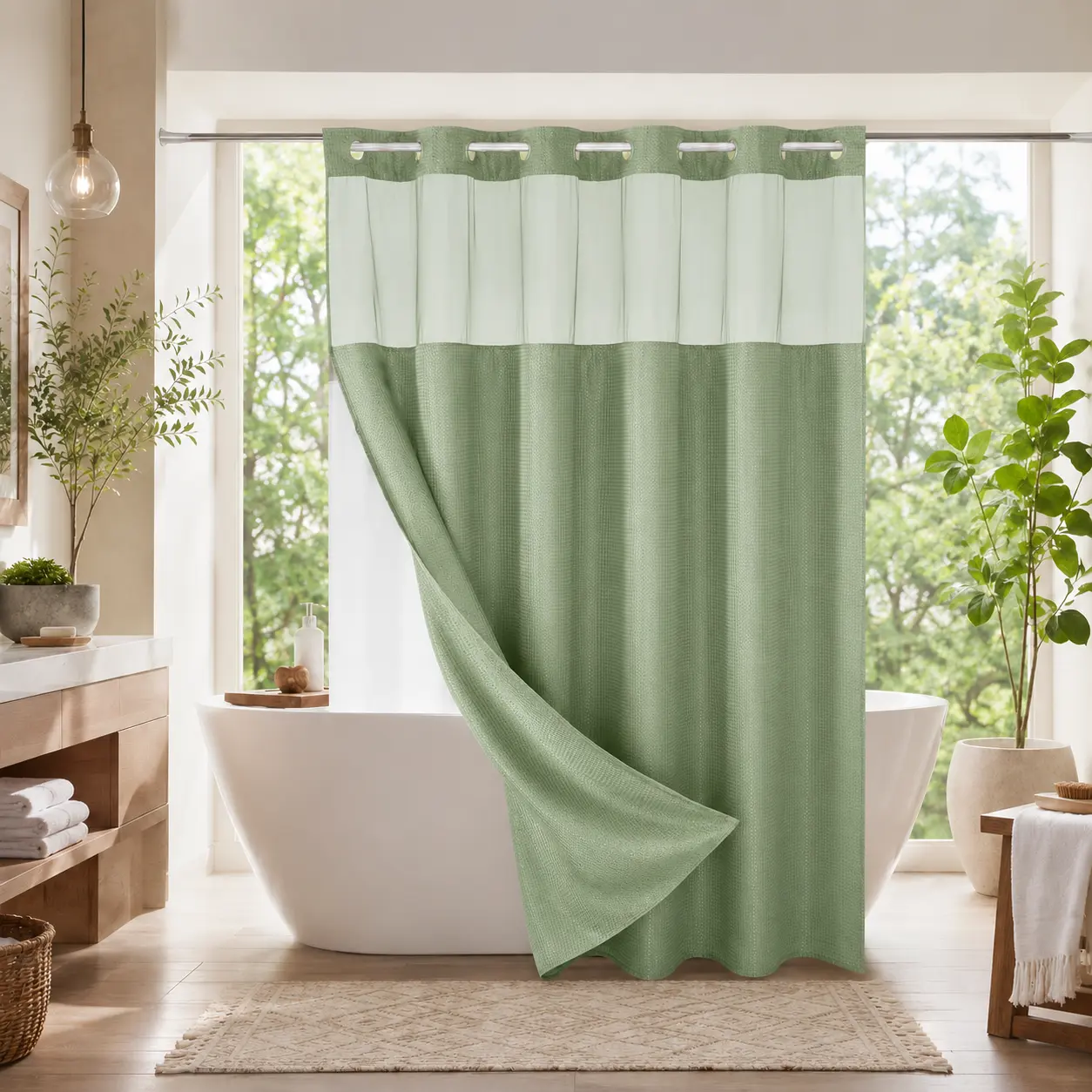 Double Layer Waffle-Pattern Shower Curtain - No Hook Snap-in Liner,  Waterproof Inner & Washable White Outer Cloth, Modern Bathroom Accessory for Home/Hotel/Salon/Dorm, 72x75 Inch