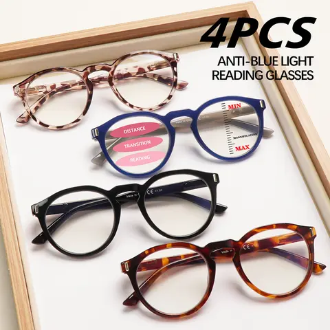 4-Piece Round Frame Progressive Multifocal Blue Light Blocking Reading Glasses Women's Reading Glasses Unique Spring Hinge Design Fits All Face Shapes Suitable For Various Occasions And Everyday Styling