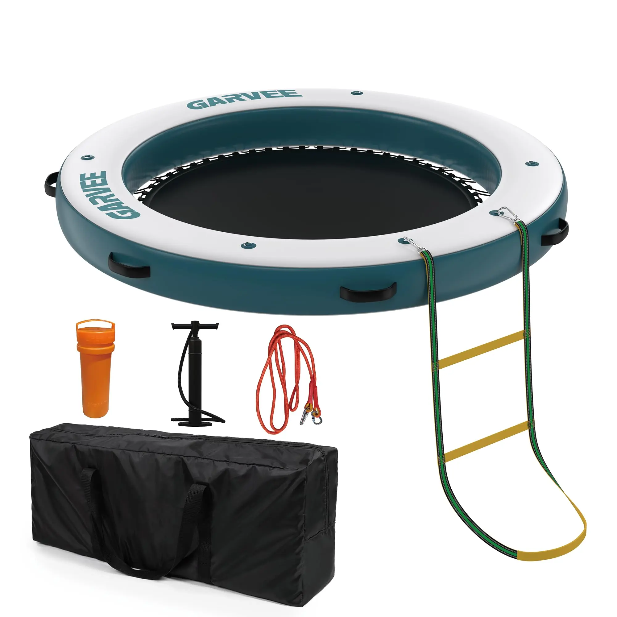 Inflatable Floating Dock Platform with Mesh Swim Area – Non-Slip EVA Surface, Rope Ladder, Drop Stitch Technology, Supports 4-6 Adults – Ideal Floating Island Raft for Boating, Lakes, Pools, Beach, Ocean