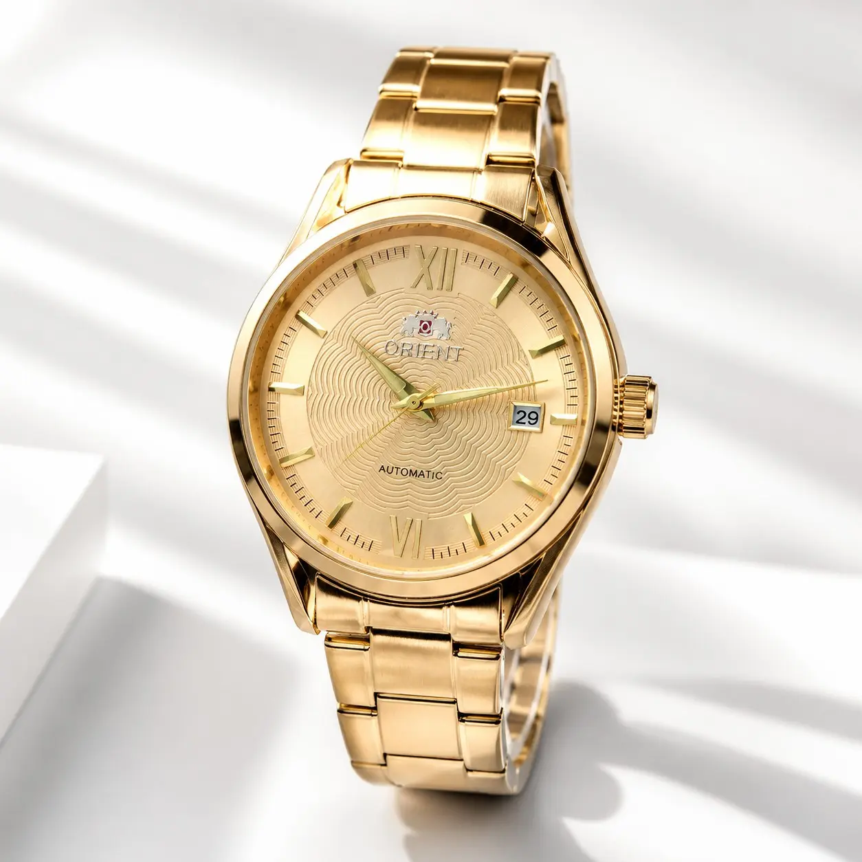 Orient Men's Automatic Mechanical Watch - Vintage Business Wear Timepiece, Textured Wave Dial, Roman Numerals, Date Window, Luminous Markers, Stainless Steel Bracelet, Waterproof Analog Watch, Ideal Gentlemen's Gift