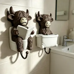 Funny Bathroom Decor Hook Set, Hand Towel Hook, Highland Cow Book Toilet Hook, Farmhouse Style Ceramic Hook, Wall Mount, No Drilling, Gift Idea