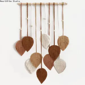 Creative Hand-Woven Cotton Rope Leaf Tapestry Boho Chic Wall Hanging Macrame Leaf Fringe Garland Art Ornament for Home Bedroom Living Room Decor