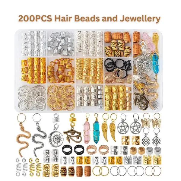 200PCS Hair Beads and Jewelry for Braids, Dreadlock Beads with Crystal Charms, Metal Coil Rings, Pendants, Braid Cuffs Clips and Loc Tube Accessories for Hair Decoration
