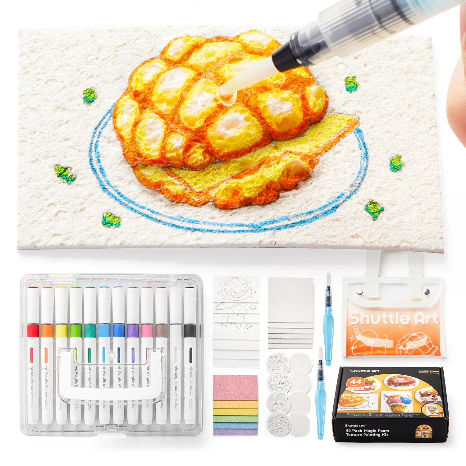 Shuttle Art 44 Pcs Magic Foam Texture Painting Kit with 28 Pcs Puffy Texture Paper 12 Vibrant Colors Markers & 2 Water Brushes for DIY Arts Crafts Gifts