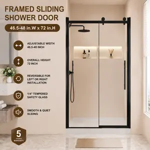 48 x 72 Inch Frameless Sliding Shower Door, 1/4" Clear Tempered Glass, Adjustable Width, Zinc Roller System, Reversible Installation, Matte Black