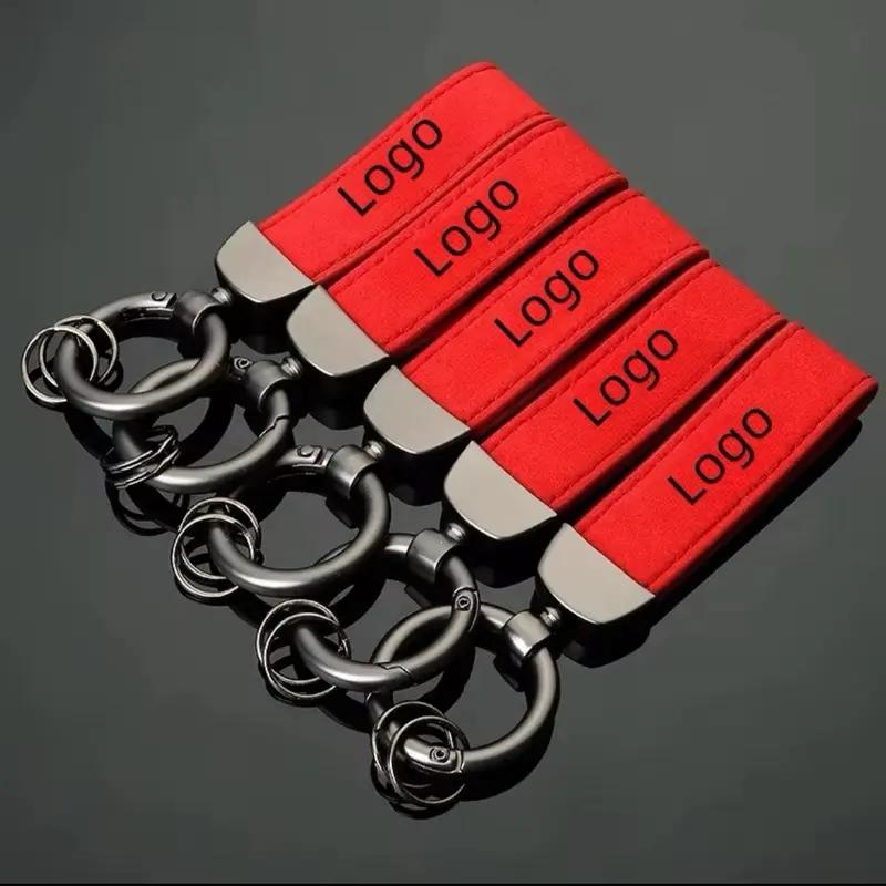 Alcantara Keychain Set - Red, Multi-Logo Fashion Accessory with Black Metal Rings, Ideal for Car Keys or Bag Pendant