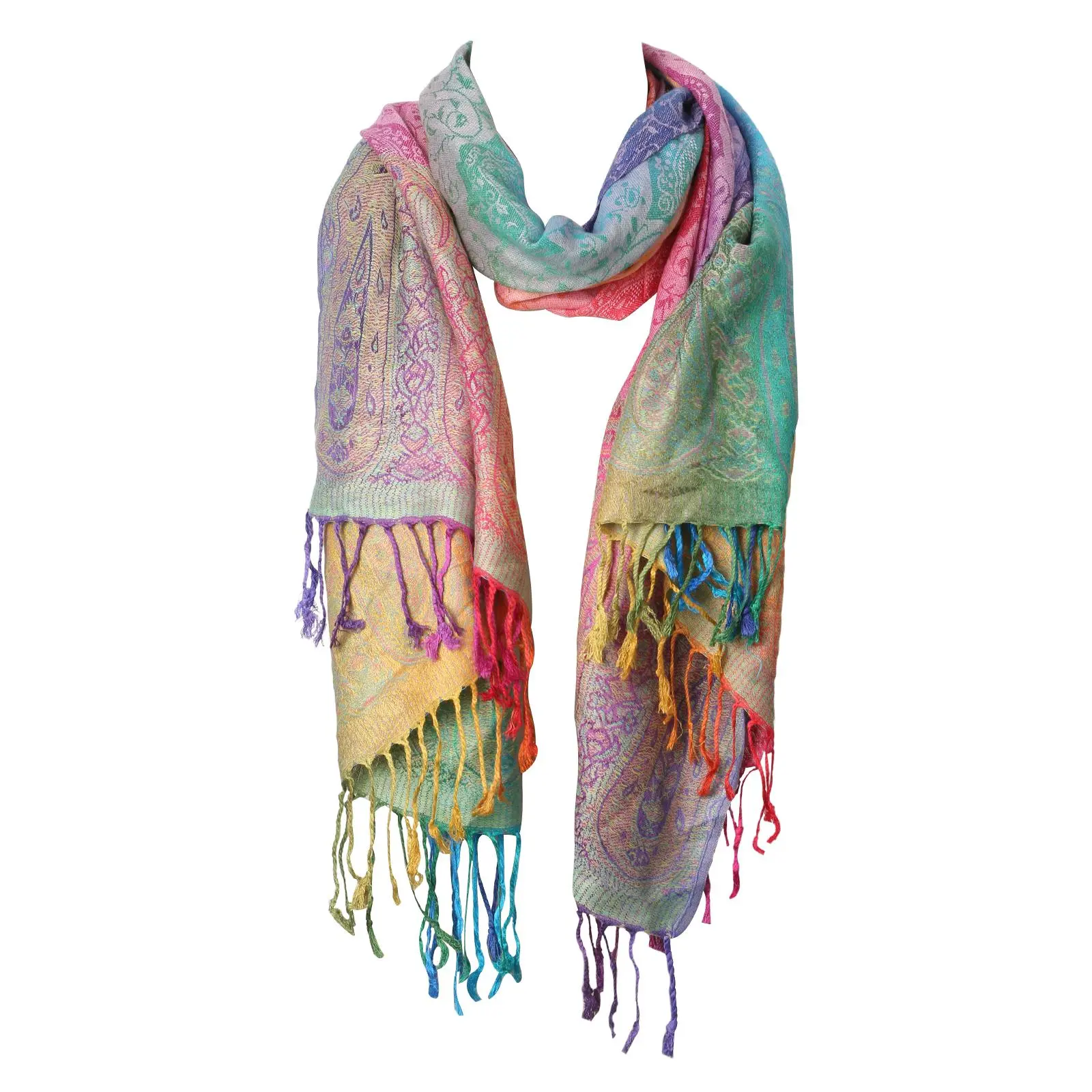 OIDEA Women's Boho Rainbow Paisley Scarf, Large Satin Viscose Shawl with Fringe Tassels, Lightweight Wrap for Travel & Festivals, Multifunctional, Casual, Rainbow Gradient