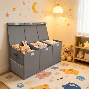 Grey Fabric Storage Bin with Lid - Foldable Household Items Decor Home Organizer for Clothes, Toys