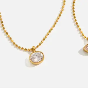 CORONÉ Oval Bezel CZ Chain Necklace for Women Stainless Steel Hypoallergenic Tarnish-Free Waterproof