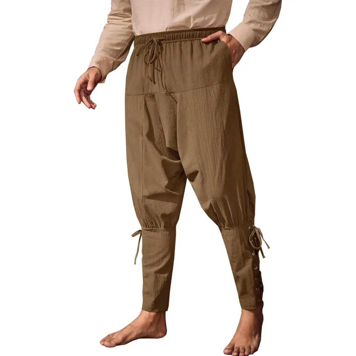 Lannew Mens Medieval Ankle Banded Pants Renaissance Viking Pirate Navigator Costume Pants Lace Up Cotton Halloween Trousers