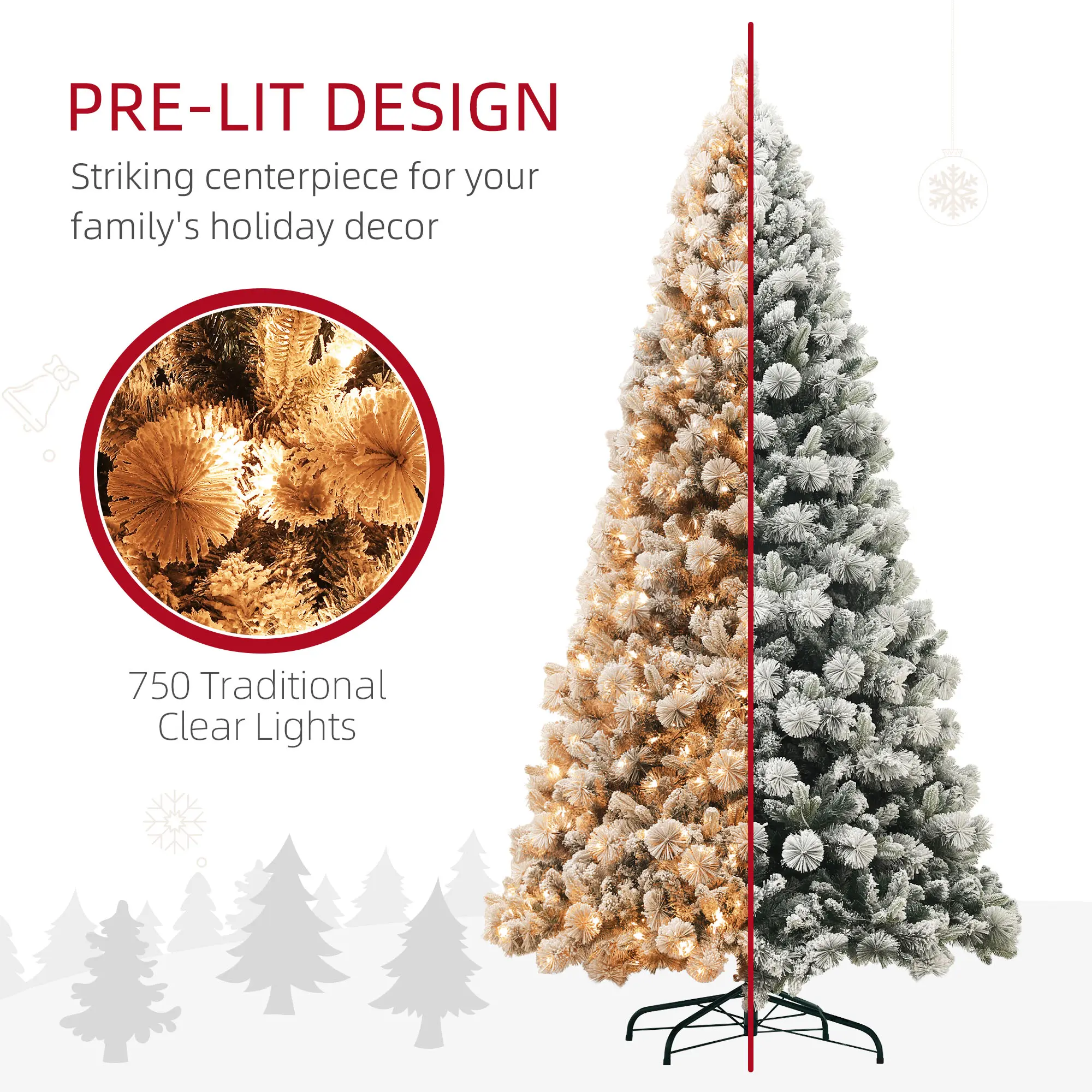 HOMCOM Pre-Lit Snow Flocked Artificial Christmas Tree - 6.5ft/7.5ft/9ft Clear Lights, Hinged Design, Metal Stand for Home Office Holiday Decor