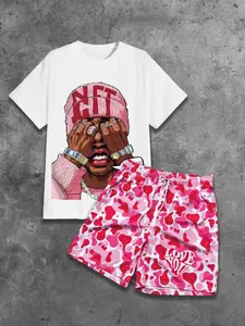 American Street Style Portrait Print Short Sleeve Round Neck T-Shirt + Camo Camouflage Shorts Set, Summer Loose Two-Piece, Casual Fitted Suit