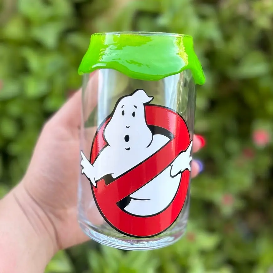 Ghostbuster Slimer Libbey Glass Beer Can Cup | Ghostbusters | Epoxy Drip | Gift | Him | Her | Resin | Rhinestones | Halloween