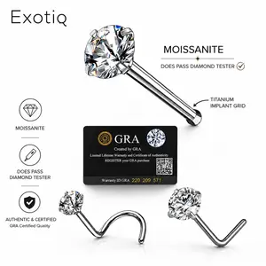 Moissanite Stone Titanium Nose Stud Piercing 18 Gauge L shape, Bol At the End, Corkscrew Moissanite Stone Passes Diamond Test Body Jewelry Nose Studs