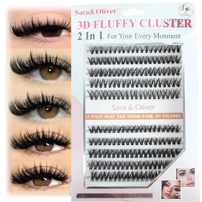 KINGSUP Eyelashes Extensions Kit, 200 PCS Small Mixed Styles Cluster Lashes (8-13mm) with 2 PCS Fluffy Volume False Lashes Set, DIY Soft Natural Fashion Accessory