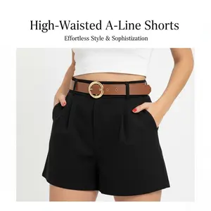 Women's High-Waisted Pleated Suit Shorts, Loose Fit A-Line Slimming Casual Pants, Elastic Waist, Elegant Style, No Belt Included, Everyday