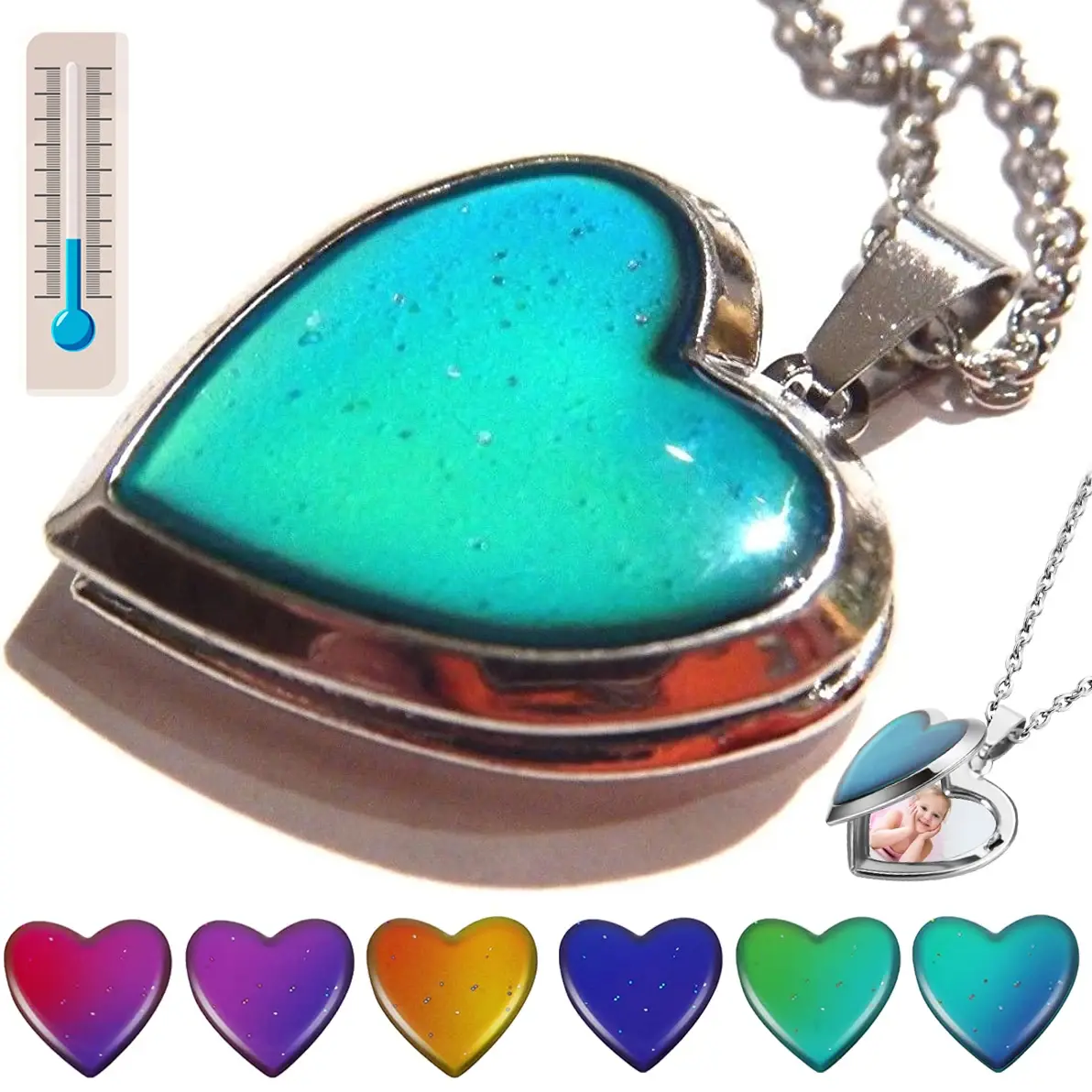 JEWEL-4U - Heart Mood Locket Necklace Color Changing Necklace Temperature Mood Stainless Steel Love Shape Photo Pendant Necklace Jewelry